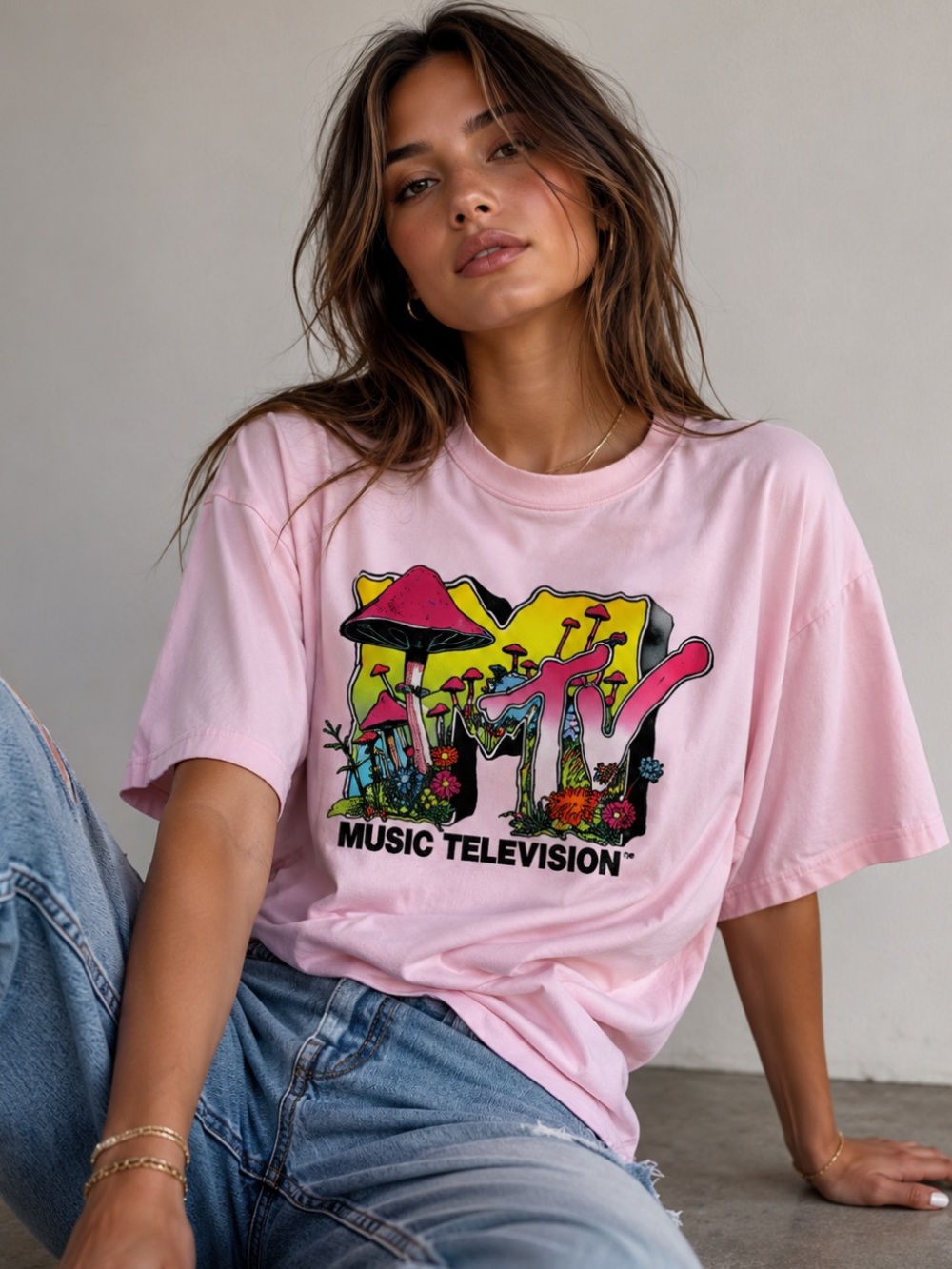 MTV Pink Short Sleeve Graphic Tee with Yellow & Black Mushroom Logo